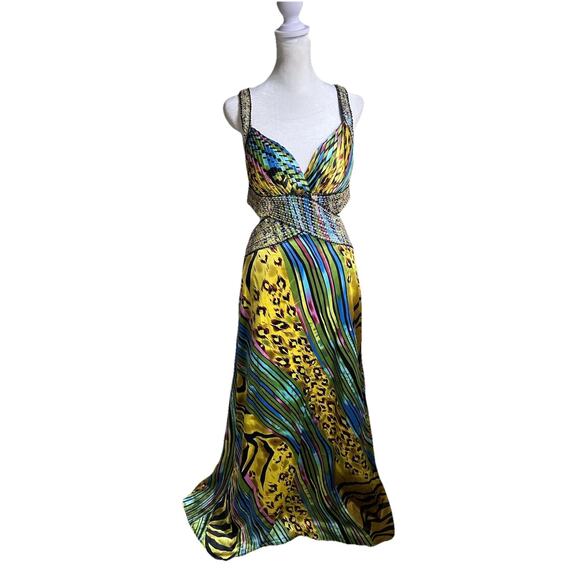 Cache Beaded Sequined Satin Gown Dress women's 4 Y2K Cut Out Peacock Gypsy - Picture 3 of 16